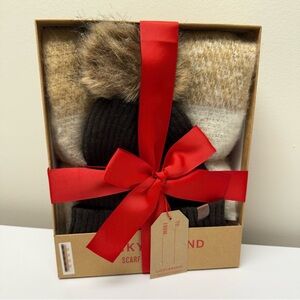 NIB Lucky Brand Winter Scarf and Hat Set, Toboggan, Brown, Tan, Cream Off-White